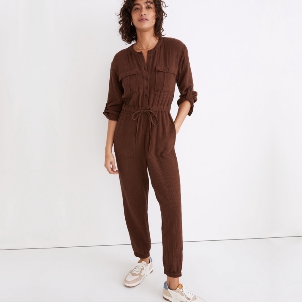 Madewell Lightspun Tapered-leg Double Gauze Jumpsuit In Cocoa Brown Size 10 New